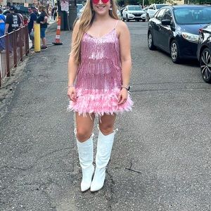 TAYLOR SWIFT ERAS TOUR DRESS. Pink sequence dress with feathers size 6/8